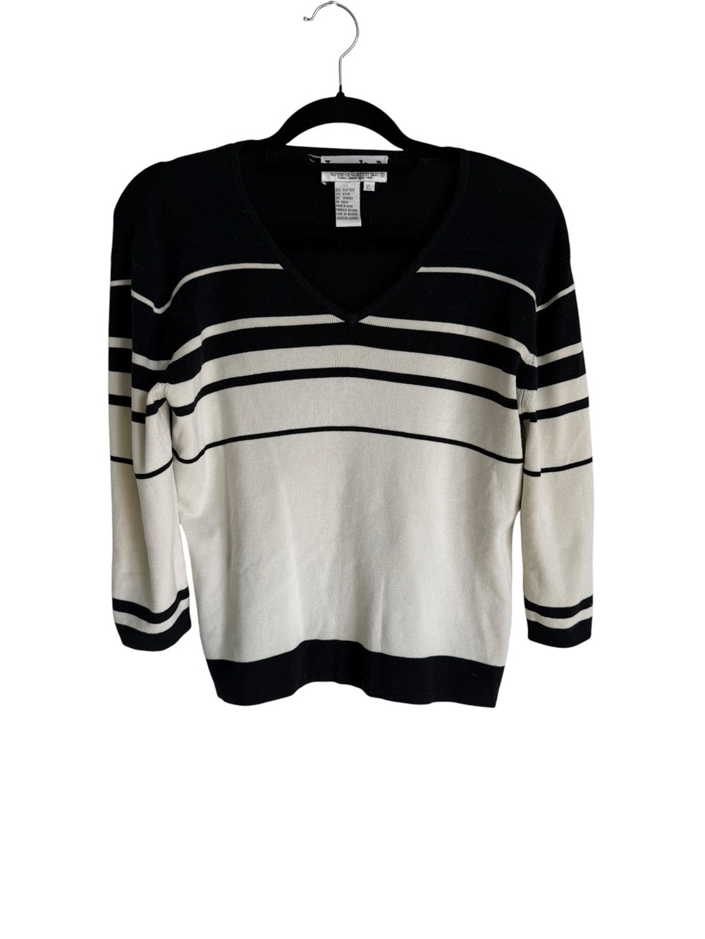 Joseph A Black and White Striped V-Neck Sweater